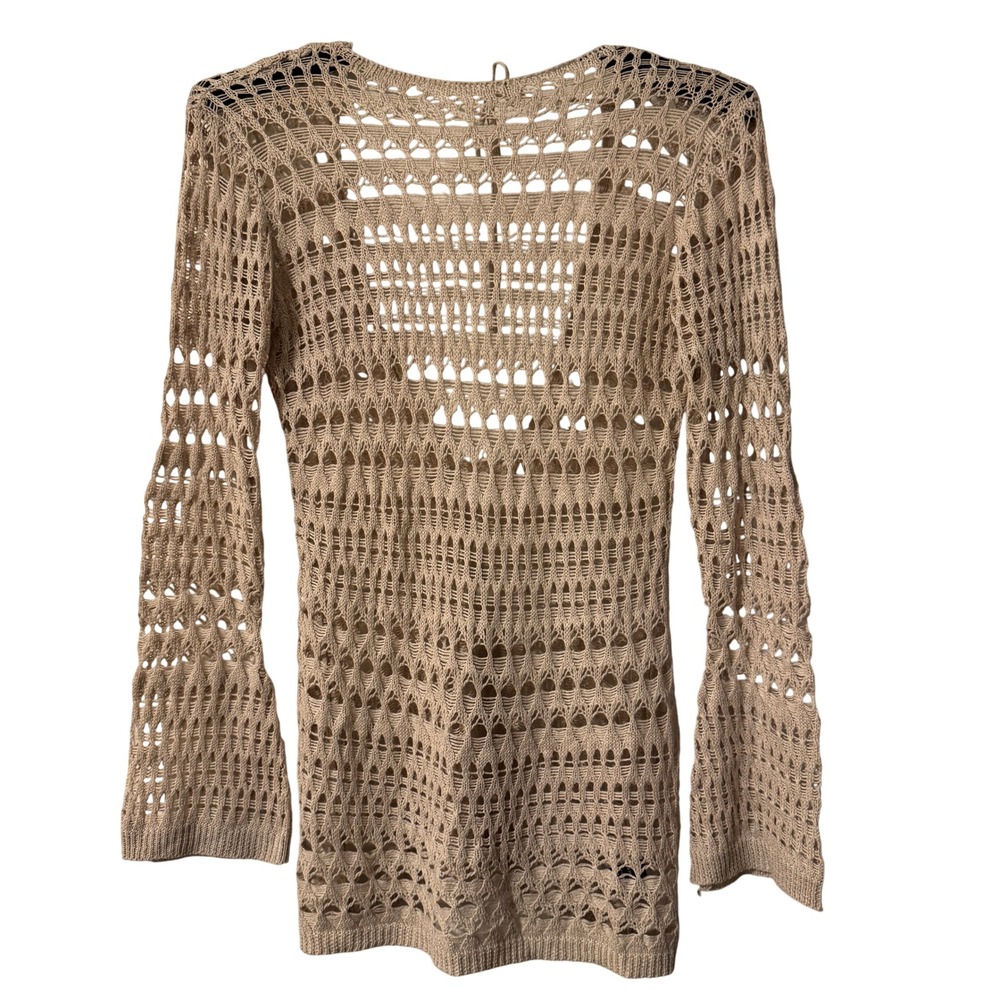 Open Knit Crochet Dress M Beige Bell Sleeve Tie Back Resortwear Boho Festival